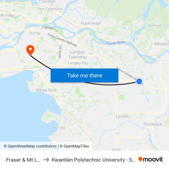 Fraser & Mt Lehman to Kwantlen Polytechnic University - Surrey Campus map