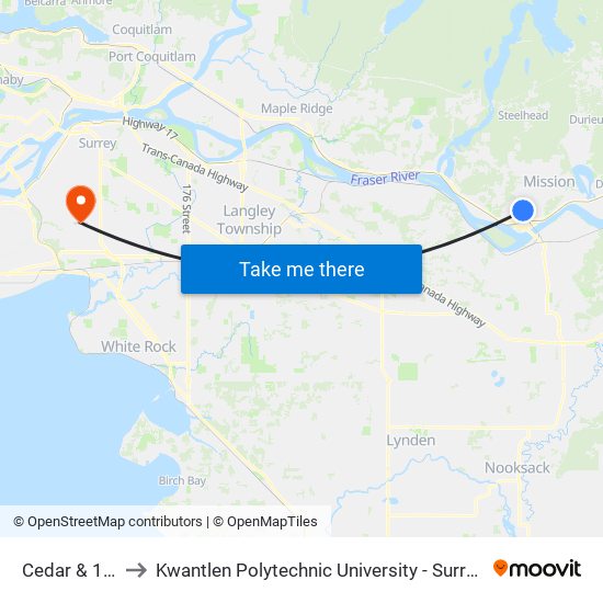 Cedar & 10 Av to Kwantlen Polytechnic University - Surrey Campus map