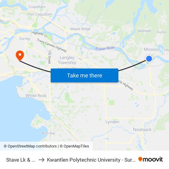 Stave Lk & 5a Av to Kwantlen Polytechnic University - Surrey Campus map