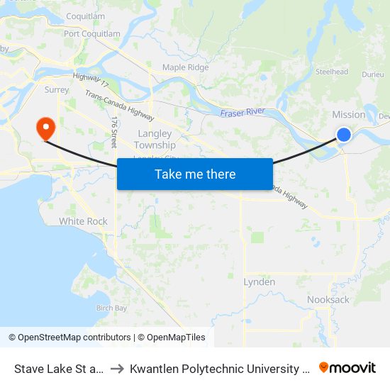 Stave Lk & 7 Av to Kwantlen Polytechnic University - Surrey Campus map