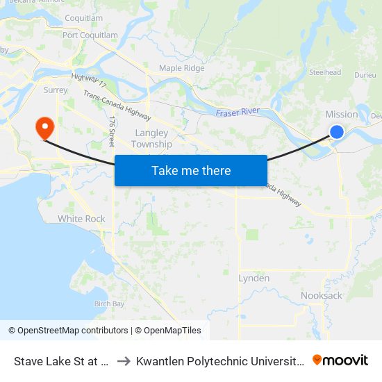 Stave Lk & Prentis to Kwantlen Polytechnic University - Surrey Campus map