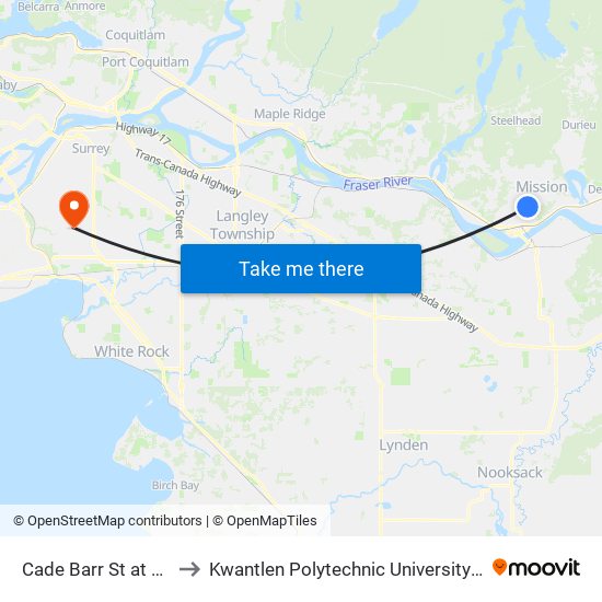 Cade Barr St at Knight Ave to Kwantlen Polytechnic University - Surrey Campus map