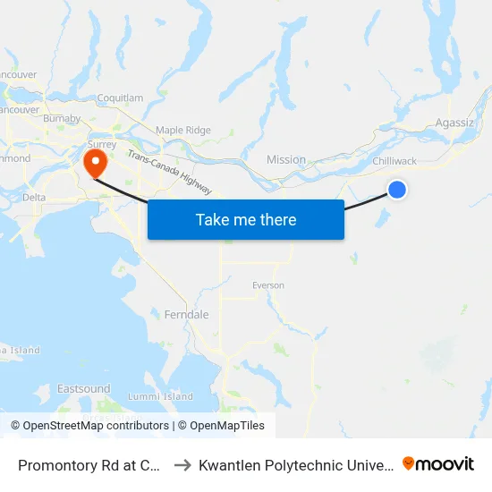 Promontory Rd at Chilliwack River Rd to Kwantlen Polytechnic University - Surrey Campus map