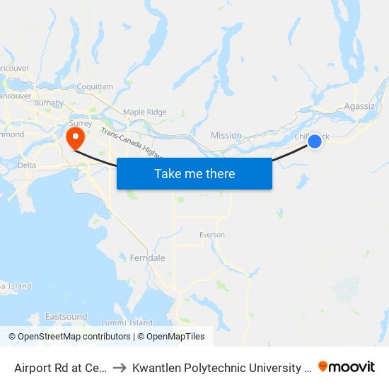 Airport Rd at Cessna Dr E to Kwantlen Polytechnic University - Surrey Campus map