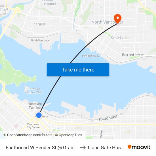 Eastbound W Pender St @ Granville St to Lions Gate Hospital map