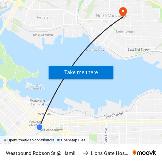 Westbound Robson St @ Hamilton St to Lions Gate Hospital map