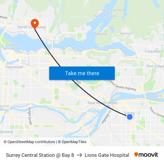 Surrey Central Station @ Bay 8 to Lions Gate Hospital map