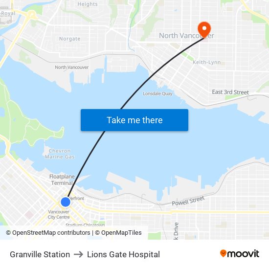 Granville Station to Lions Gate Hospital map