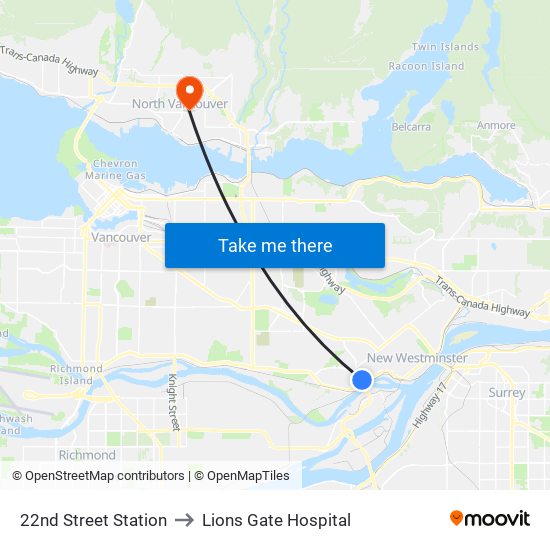 22nd Street Station to Lions Gate Hospital map