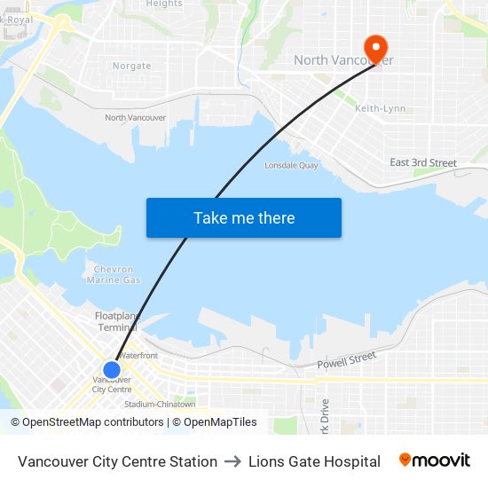 Vancouver City Centre Station to Lions Gate Hospital map