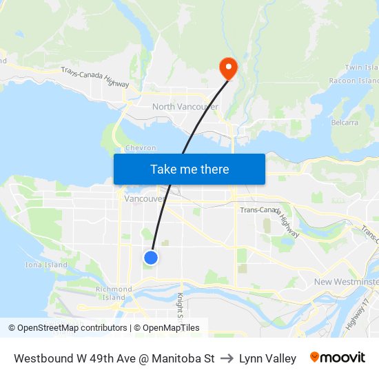 Westbound W 49th Ave @ Manitoba St to Lynn Valley map