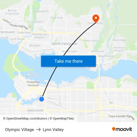 Olympic Village to Lynn Valley map