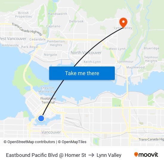 Eastbound Pacific Blvd @ Homer St to Lynn Valley map