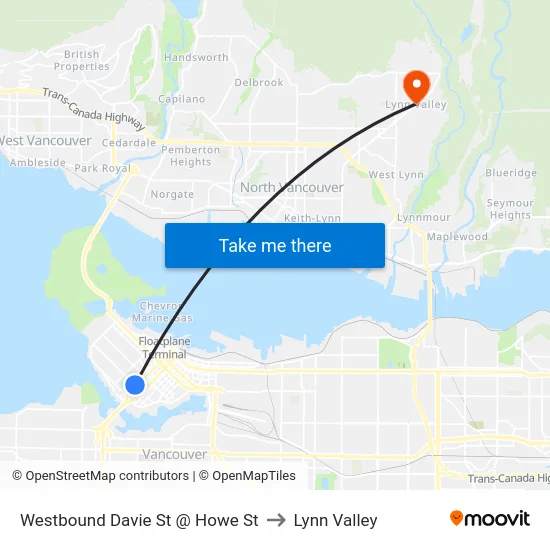 Westbound Davie St @ Howe St to Lynn Valley map