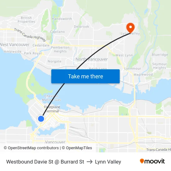 Westbound Davie St @ Burrard St to Lynn Valley map