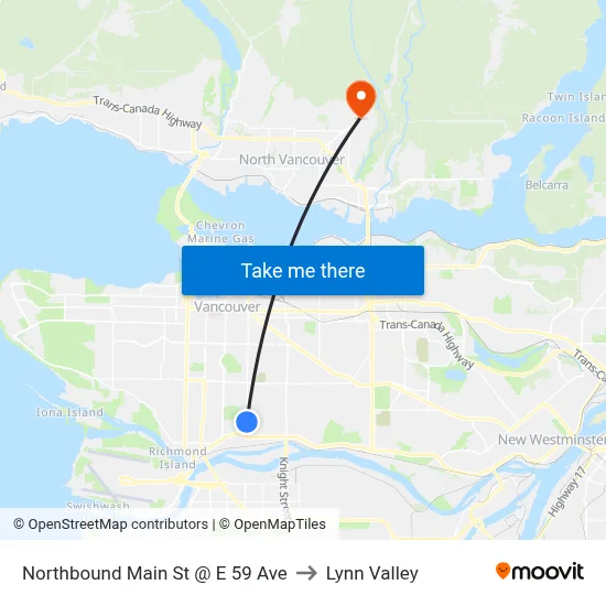Northbound Main St @ E 59 Ave to Lynn Valley map