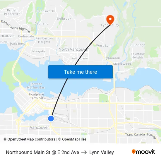 Northbound Main St @ E 2nd Ave to Lynn Valley map