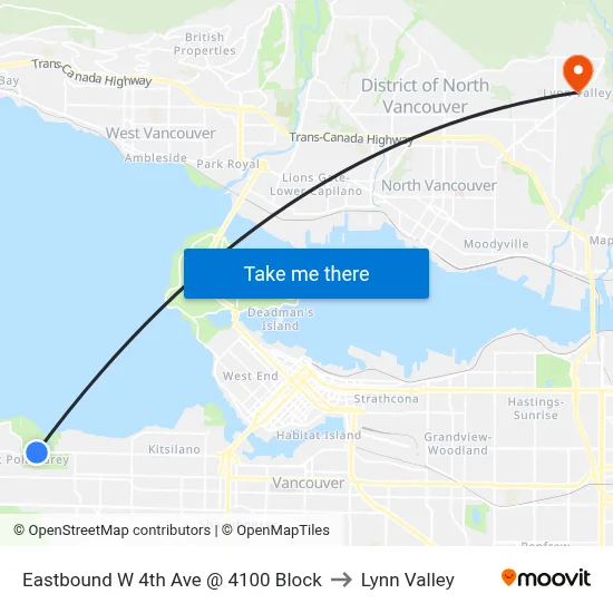 Eastbound W 4th Ave @ 4100 Block to Lynn Valley map