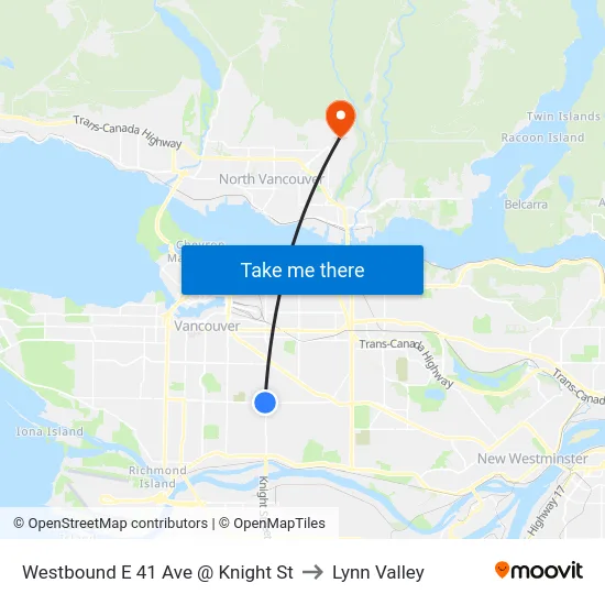 Westbound E 41 Ave @ Knight St to Lynn Valley map