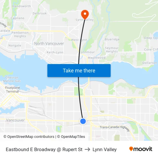 Eastbound E Broadway @ Rupert St to Lynn Valley map