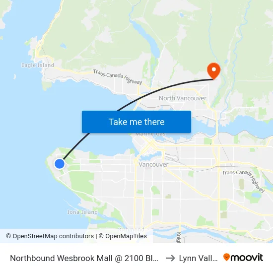 Northbound Wesbrook Mall @ 2100 Block to Lynn Valley map