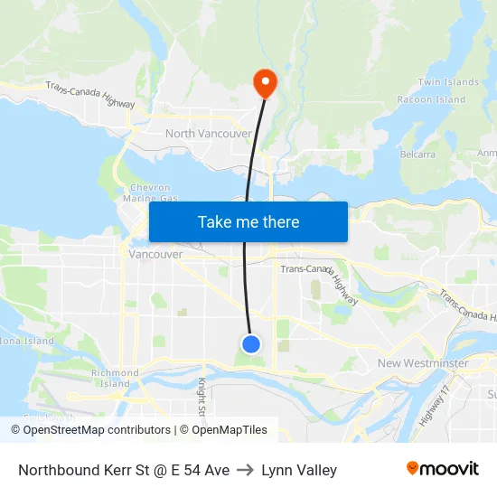 Northbound Kerr St @ E 54 Ave to Lynn Valley map