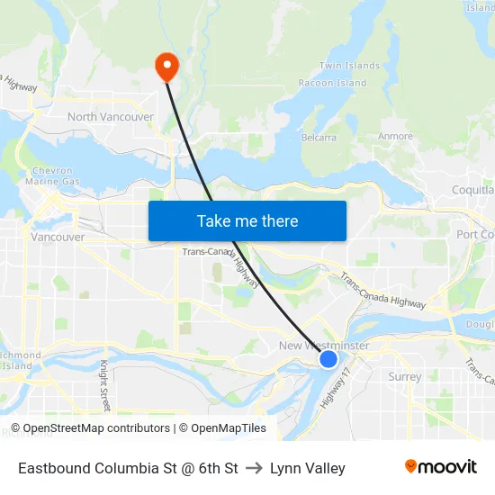 Eastbound Columbia St @ 6th St to Lynn Valley map