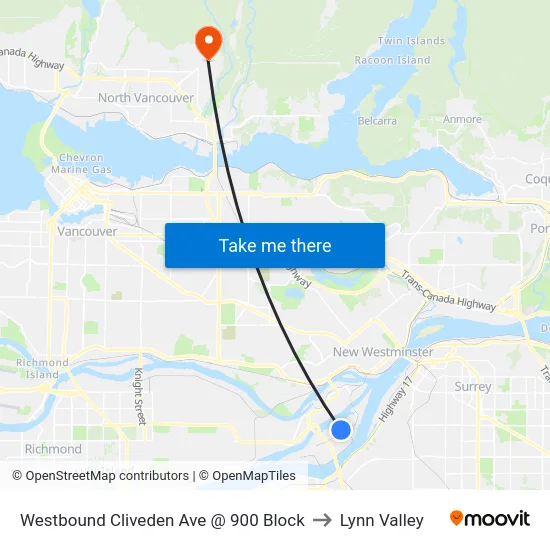 Westbound Cliveden Ave @ 900 Block to Lynn Valley map