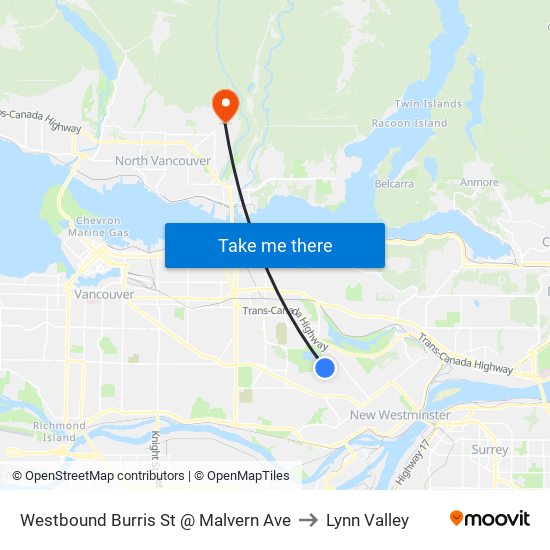 Westbound Burris St @ Malvern Ave to Lynn Valley map