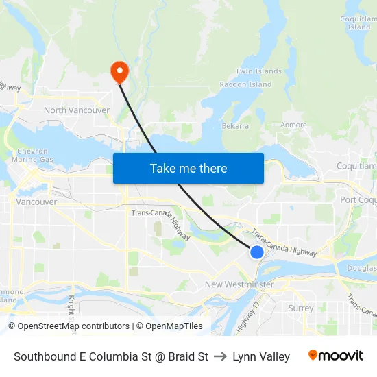 Southbound E Columbia St @ Braid St to Lynn Valley map
