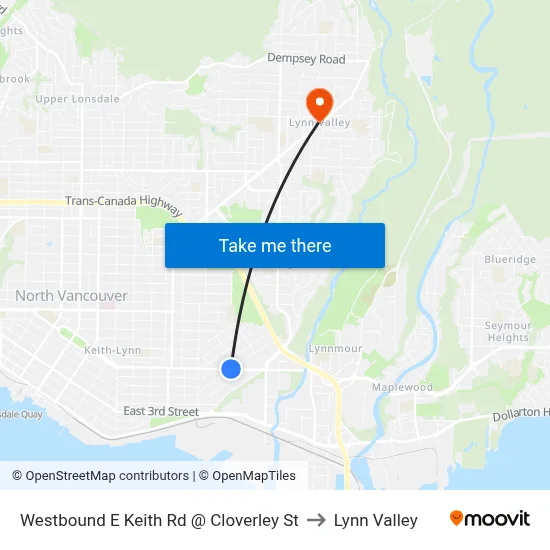 Westbound E Keith Rd @ Cloverley St to Lynn Valley map