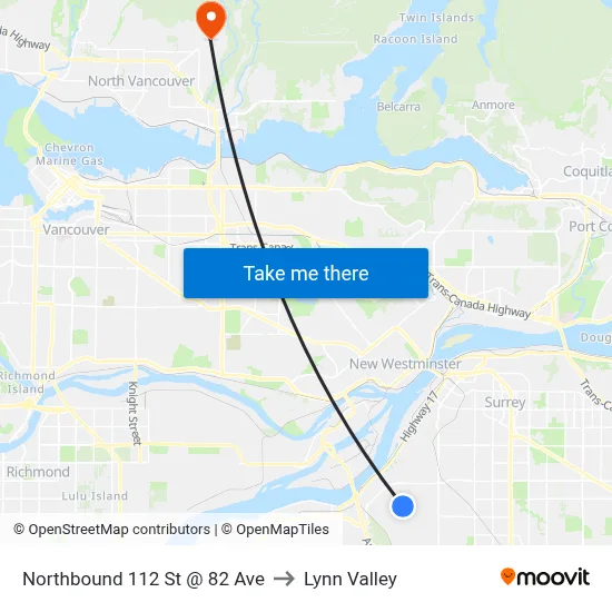Northbound 112 St @ 82 Ave to Lynn Valley map