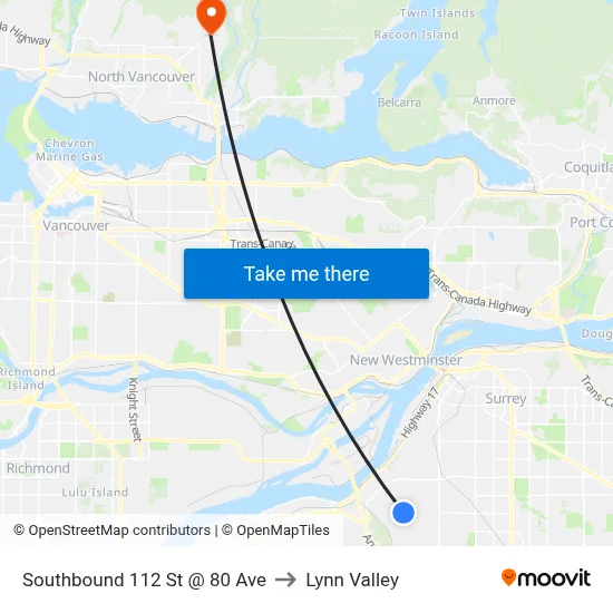 Southbound 112 St @ 80 Ave to Lynn Valley map
