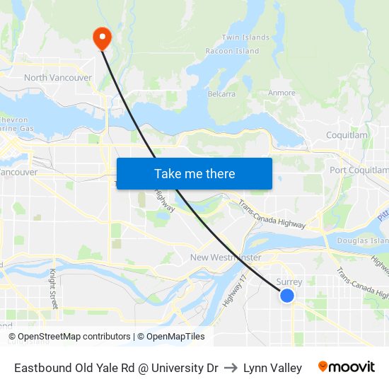 Eastbound Old Yale Rd @ University Dr to Lynn Valley map