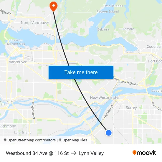 Westbound 84 Ave @ 116 St to Lynn Valley map