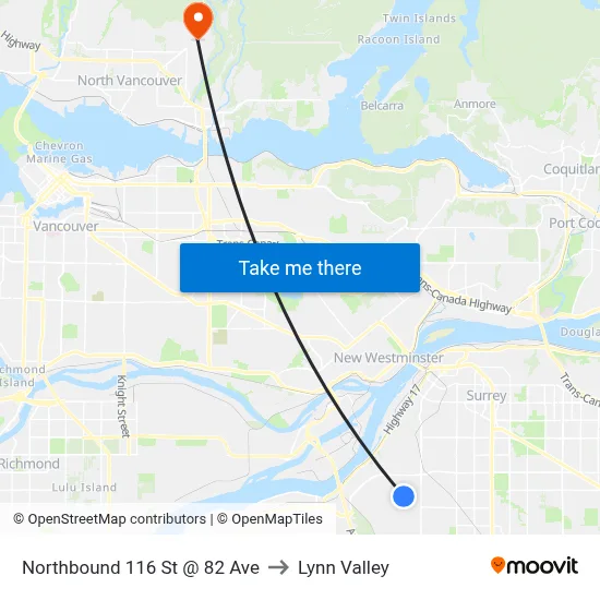 Northbound 116 St @ 82 Ave to Lynn Valley map