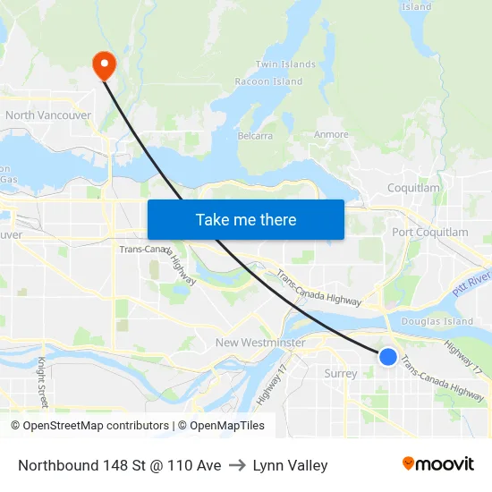 Northbound 148 St @ 110 Ave to Lynn Valley map