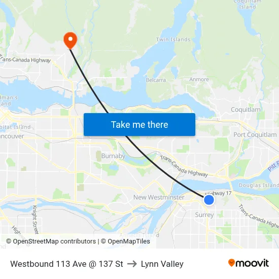 Westbound 113 Ave @ 137 St to Lynn Valley map