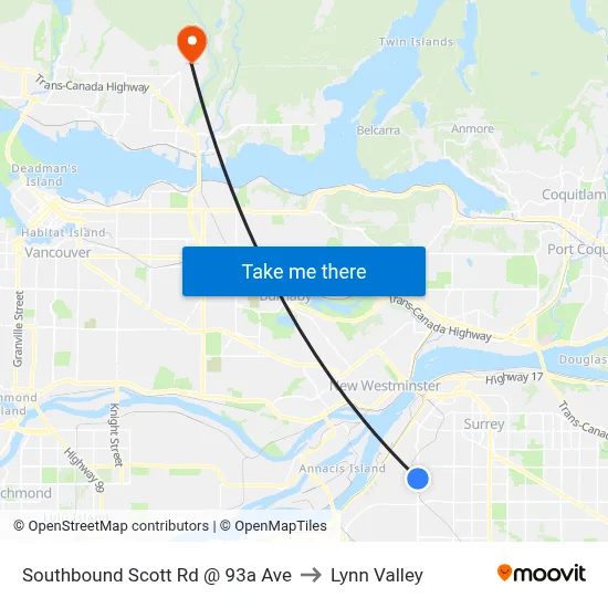 Southbound Scott Rd @ 93a Ave to Lynn Valley map