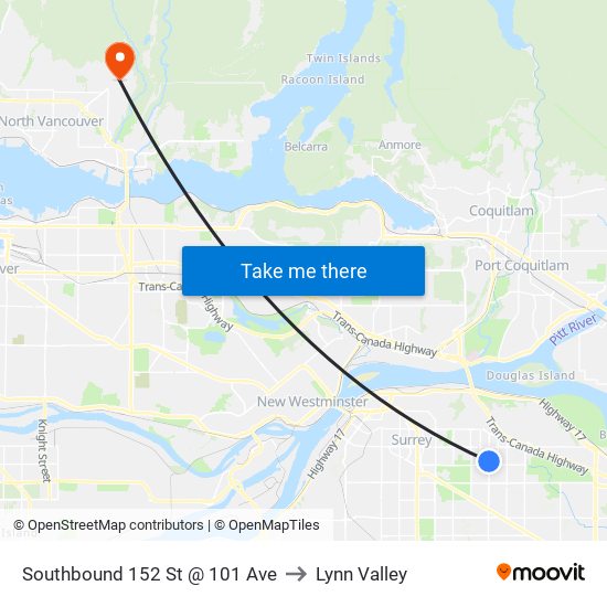 Southbound 152 St @ 101 Ave to Lynn Valley map