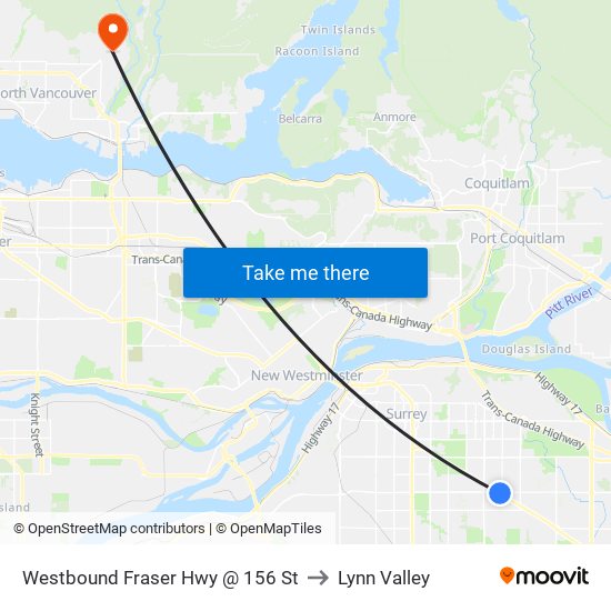 Westbound Fraser Hwy @ 156 St to Lynn Valley map