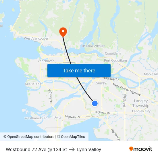Westbound 72 Ave @ 124 St to Lynn Valley map