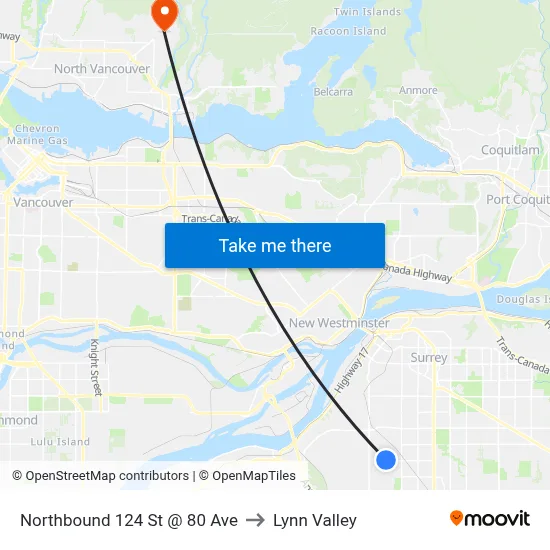 Northbound 124 St @ 80 Ave to Lynn Valley map