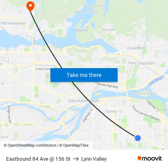Eastbound 84 Ave @ 156 St to Lynn Valley map