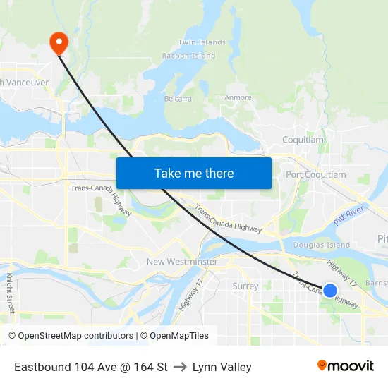 Eastbound 104 Ave @ 164 St to Lynn Valley map