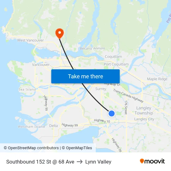 Southbound 152 St @ 68 Ave to Lynn Valley map