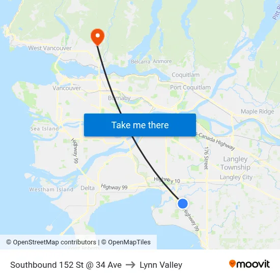 Southbound 152 St @ 34 Ave to Lynn Valley map