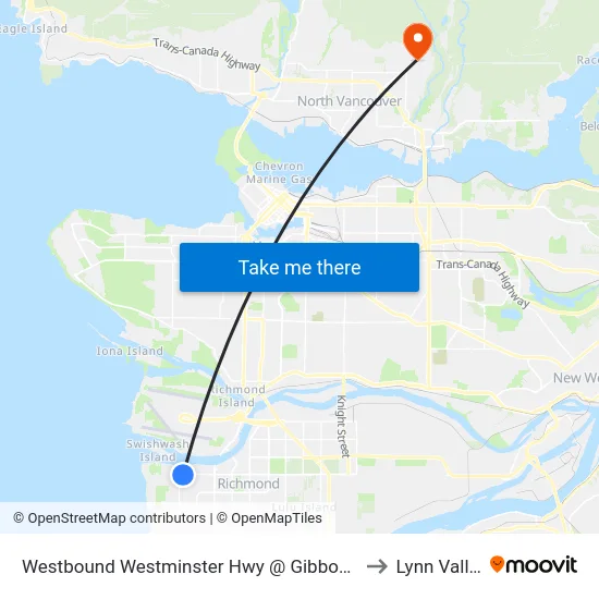 Westbound Westminster Hwy @ Gibbons Dr to Lynn Valley map