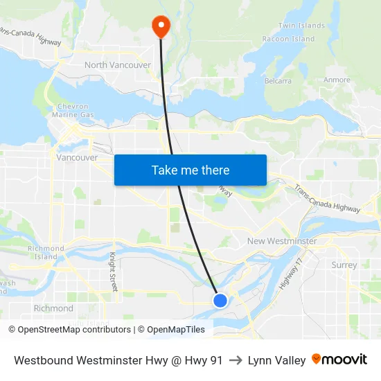 Westbound Westminster Hwy @ Hwy 91 to Lynn Valley map
