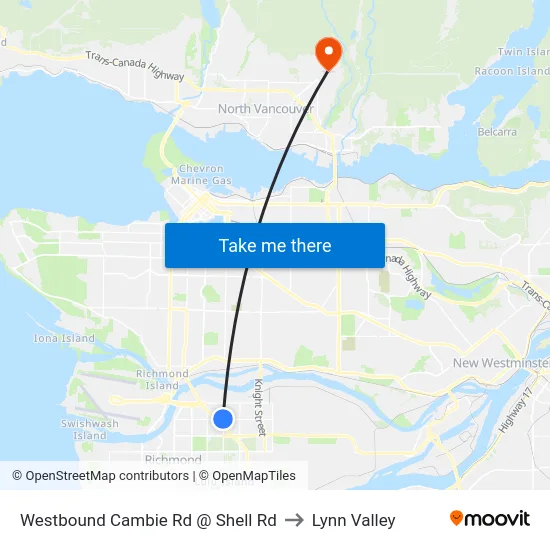 Westbound Cambie Rd @ Shell Rd to Lynn Valley map